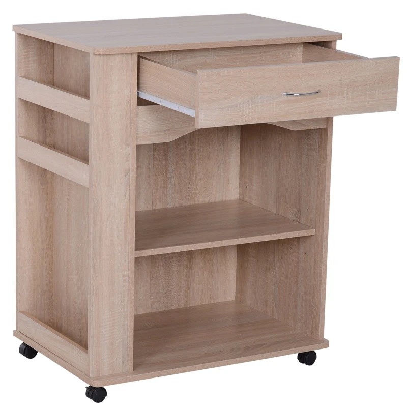 HOMCOM Wood Rolling Kitchen Microwave Oven Cart with Wheels and Storage - Oak