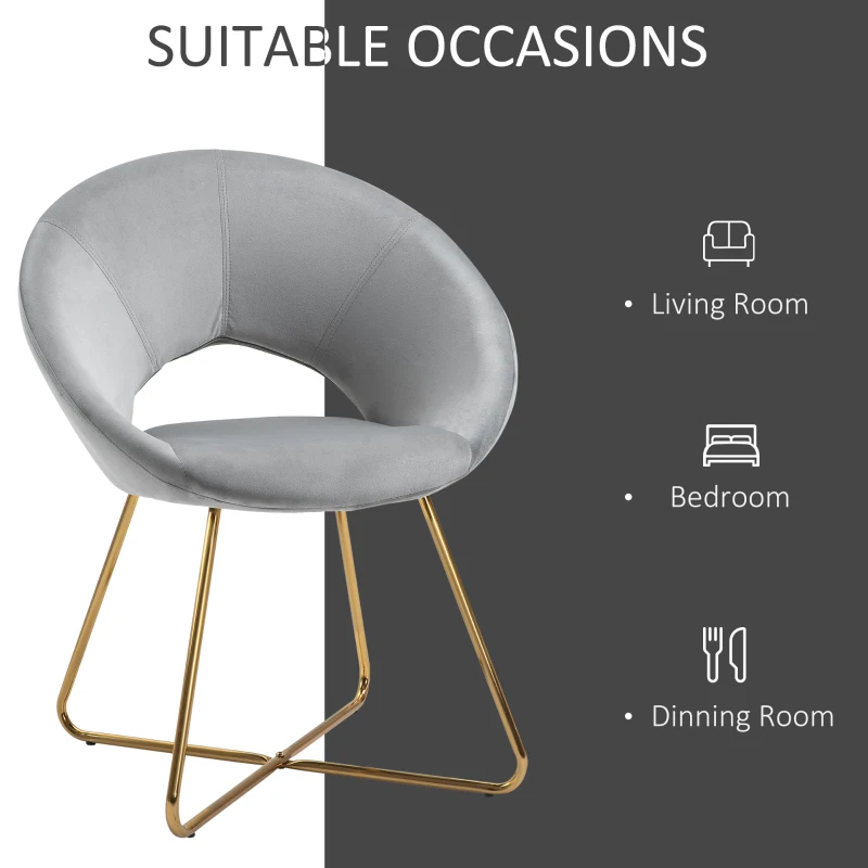 HOMCOM Modern Accent Velvet Chair Open Curved Mid-Back Upholstered Vanity Chair with Gold Plating Metal Legs for Living Room/Office/Reception Grey