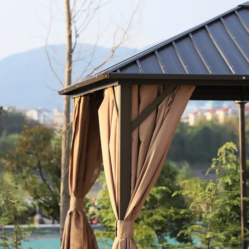 Outsunny 10' x 12' Hardtop Gazebo with Curtains and Netting, Permanent Pavilion Metal Roof Gazebo Canopy with Aluminum Frame and Top Hook, for Garden, Patio, Deck, Backyard, Brown