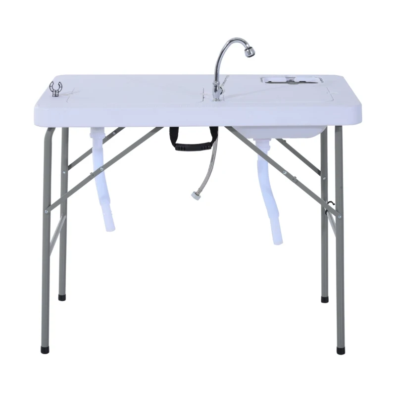 Outsunny 40" Portable Camping Table with Faucet Folding Easy-Clean Camping Table with Dual Water Basins