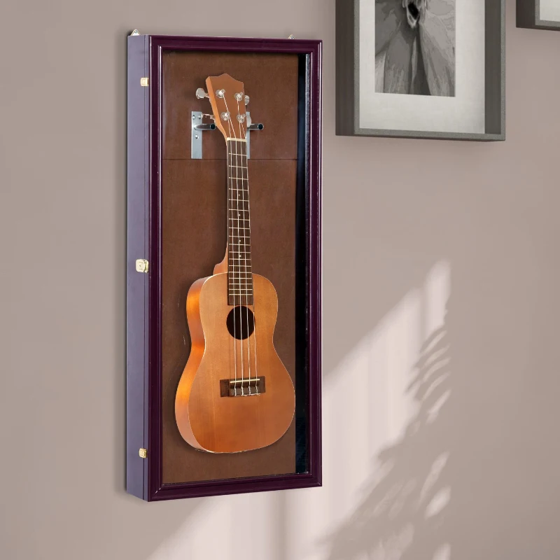 HomCom Wall Mounted Lockable Guitar Security Shadow Box Display Case - Brown