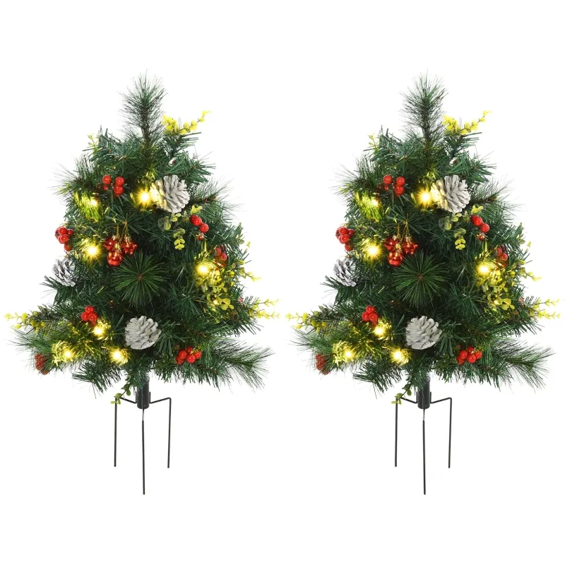 HOMCOM 22.5in Christmas Tree 2-Pack Outdoor Pre-Lit Artificial Pine Cordless with 24 Warm White Lights and Stakes