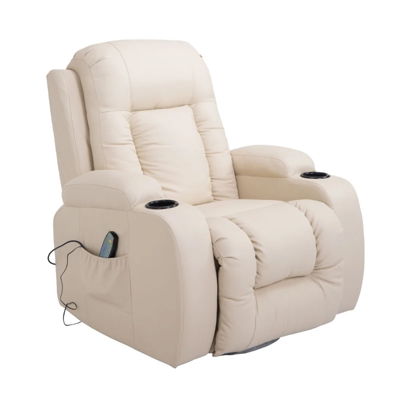 HOMCOM Luxury Faux Leather Heated Vibrating 8 Point Massage Recliner Chair with 360 Swivel and Remote, Cream White
