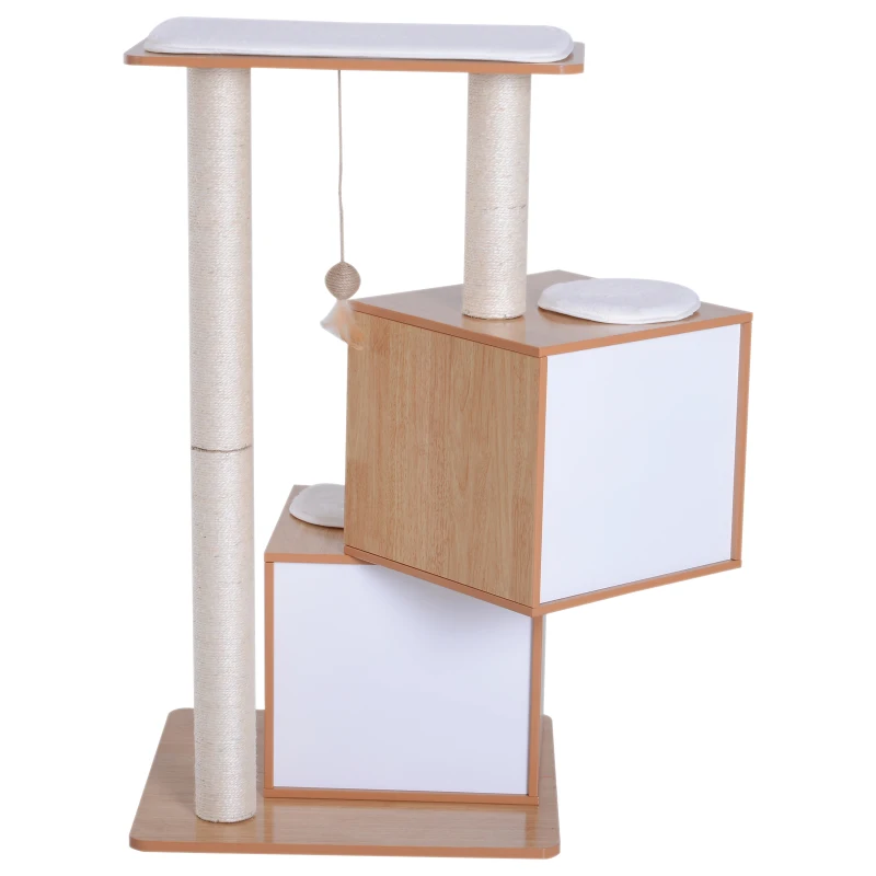 PawHut 40" Modern Cat Tree Multi-Level Scratching Post with 2 Cube Cave Enclosures - Oak Wood and White