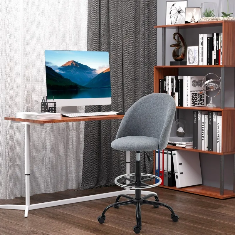 Vinsetto Ergonomic Rolling Drafting Chair for Standing Desk, Linen Office Stool with Adjustable Foot Ring and Steel Base