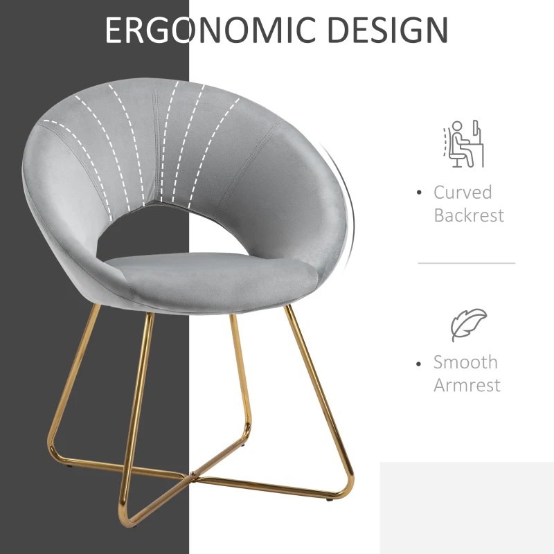 HOMCOM Modern Accent Velvet Chair Open Curved Mid-Back Upholstered Vanity Chair with Gold Plating Metal Legs for Living Room/Office/Reception Grey