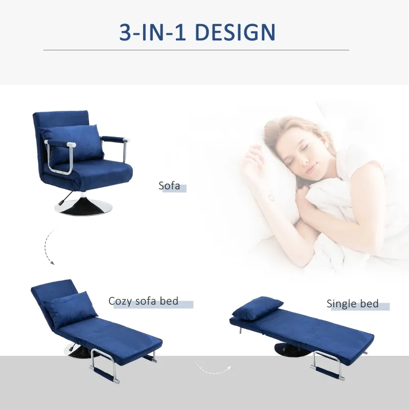 HOMCOM 3-IN-1 Sofa Chair Single Bed with 5-Position Adjustable Backrest and Seat Height, Thick Sponge Padding with Pillow, Blue