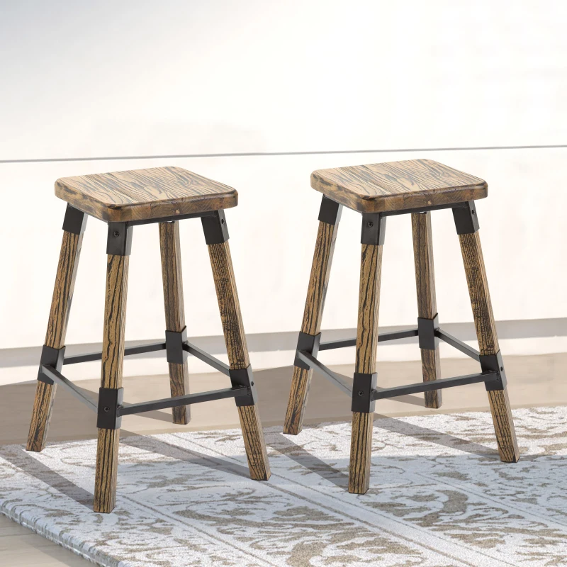 HomCom 2 Piece 24" Tall Rustic Industrial Armless Square Wood Top Bar Stool Set - Black / Woodgrain