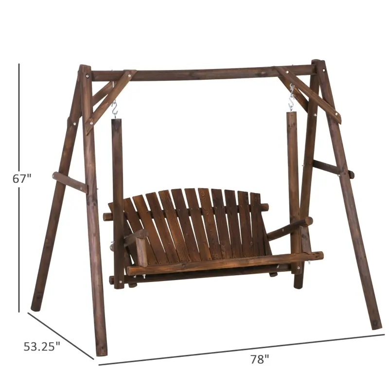 Outsunny 2-Seat Wooden Swing Bench, Ergonomic Design, 'A' Frame Construction, Stable and Non-Slip, Solid Wood Frame Log Garden Swing, for Outdoor and Indoor, Brown