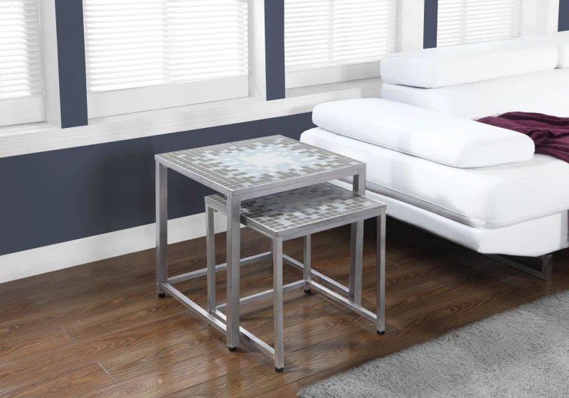Monarch 2-Piece Modern Mosaic Tile Top Hammered Silver Metal Frame Nesting Accent Side End Table Set - Grey / Blue Tile Finish