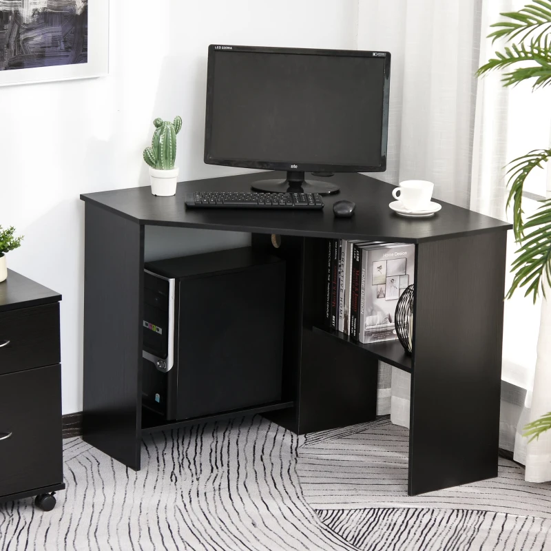 HOMCOM Corner Computer Desk with Storage Shelf, Writing Table Study Workstation for Home Office, Black
