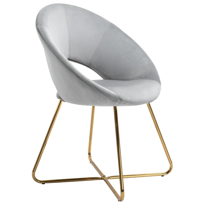 HOMCOM Modern Accent Velvet Chair Open Curved Mid-Back Upholstered Vanity Chair with Gold Plating Metal Legs for Living Room/Office/Reception Grey