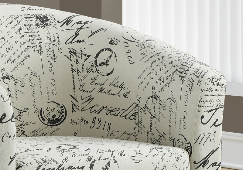 Monarch Modern Upholstered Curved Back Barrel Tub Chair with Matching Ottoman - Vintage French Print