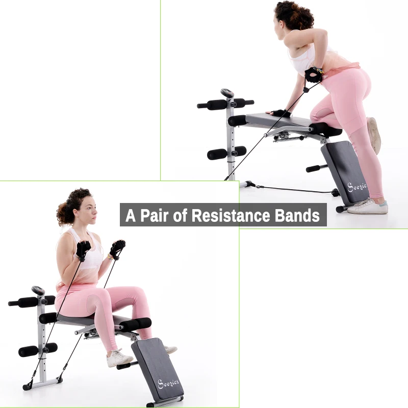 Soozier Steel Height Adjustable Multi-Position Abdominal Sit-Up Home Gym Bench with LCD Monitor and Resistance Bands