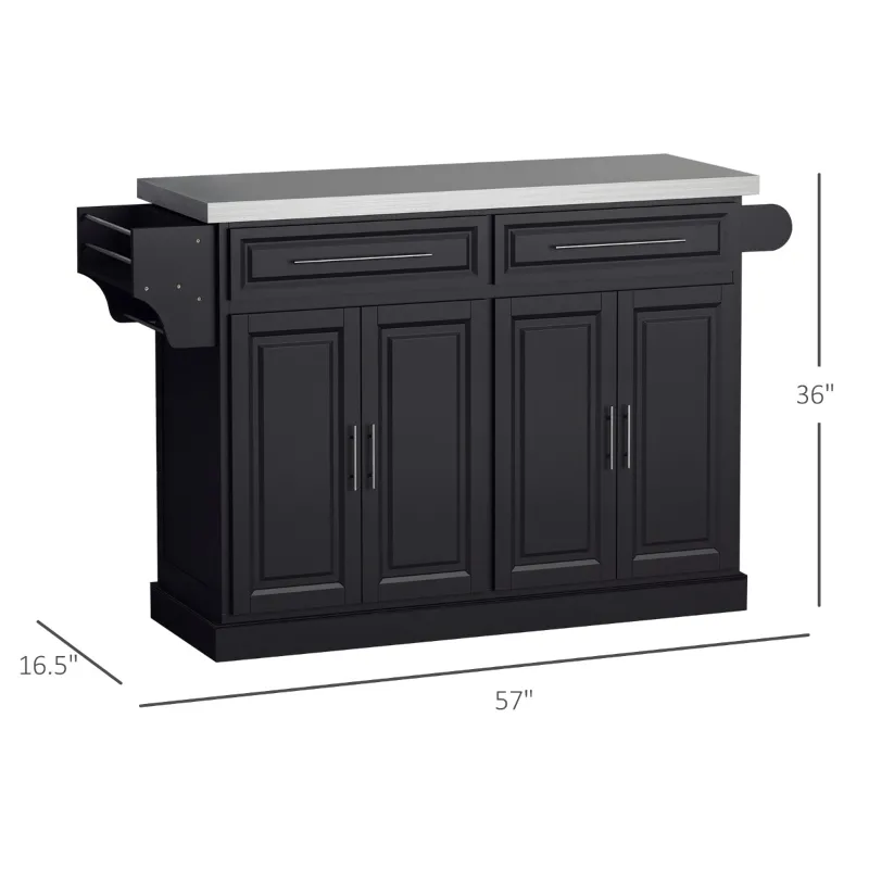 HOMCOM Rolling Kitchen Island with Storage, Portable Kitchen Cart with Stainless Steel Top, 2 Drawers, Spice, Knife and Towel Rack and Cabinets, Black