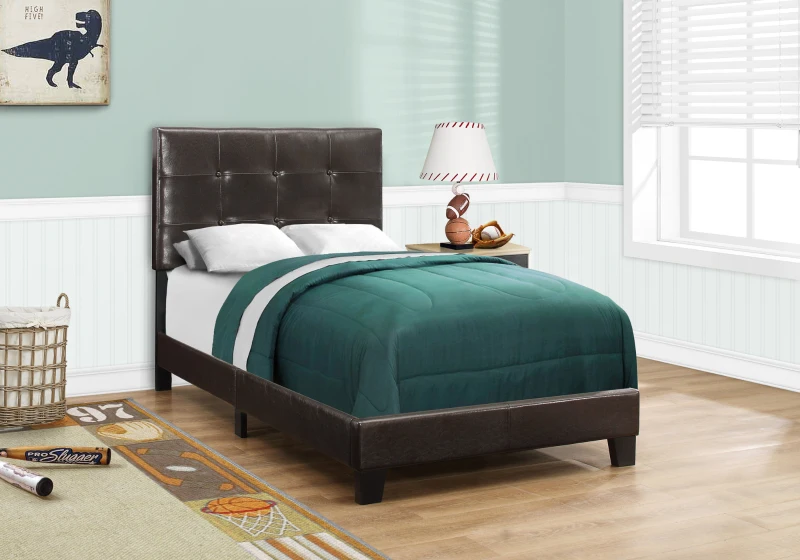 Monarch Twin Size Contemporary Upholstered Bed Frame with Tufted Headboard and Wood Legs - Dark Brown Leather Look