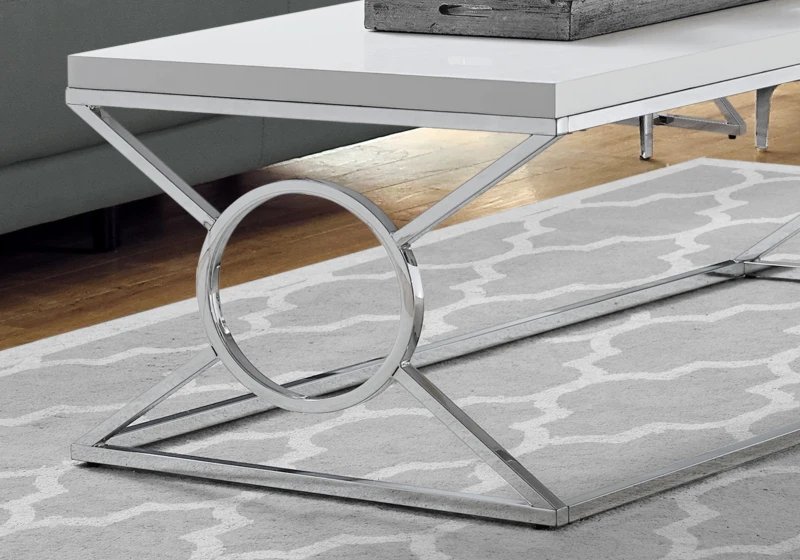 Monarch 44" Contemporary Chrome Metal Circle-X Frame Accent Cocktail Coffee Table - Glossy White Finish