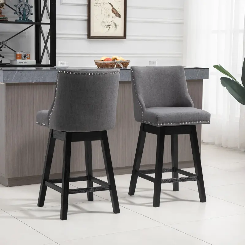 HOMCOM 28" Swivel Bar Height Bar Stools Set of 2, Armless PU Leather Upholstered Barstools Chairs with Nailhead Trim and Wood Legs, Dark Grey