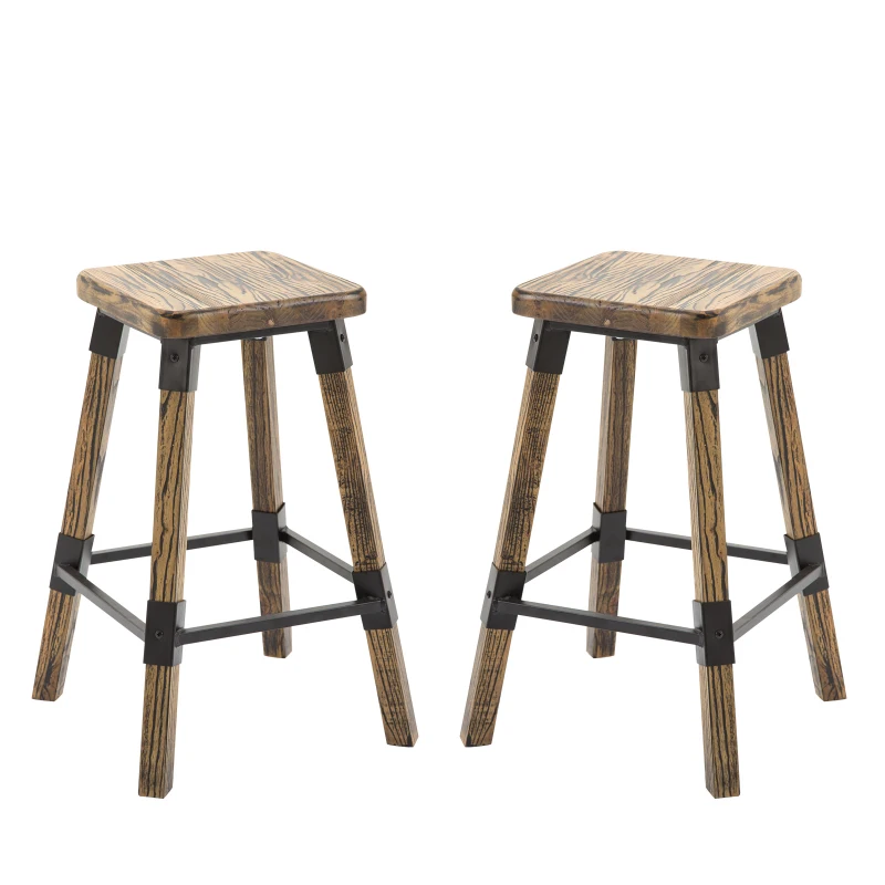 HomCom 2 Piece 24" Tall Rustic Industrial Armless Square Wood Top Bar Stool Set - Black / Woodgrain