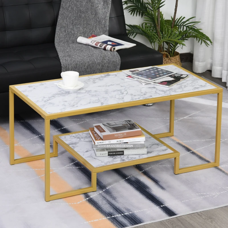 HOMCOM Minimalist Art Deco Coffee Table with Laminate Marble Print Table Top & Underneath Storage Shelf, White & Gold