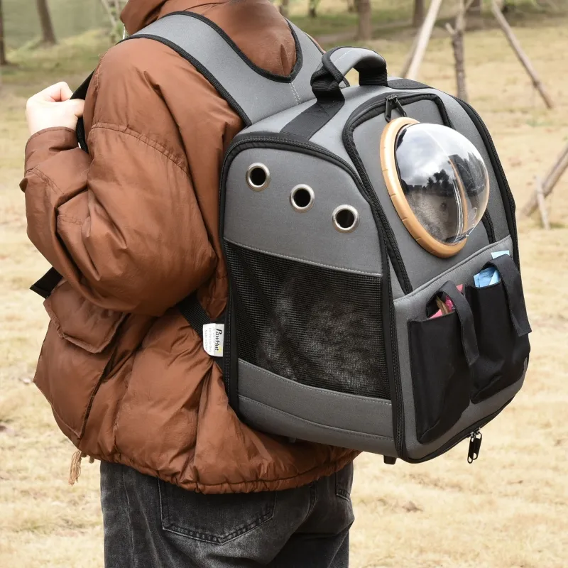 PawHut Foldable Pet Carrier Backpack with Two Storage Packets, Breathable Mesh, Transparent Window & Adjustable Shoulder Strap for Small Cats & Dogs Travel Hiking, Grey
