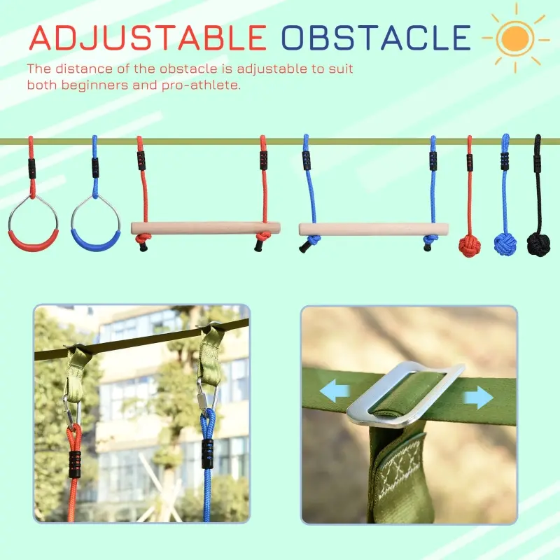 Outsunny 46' Ninja Warrior Obstacle Course, Slackline Monkey Bar & Climbing Rope for Kids with Gymnastic Rings, Swing, Climb Rope, and Travel Bag