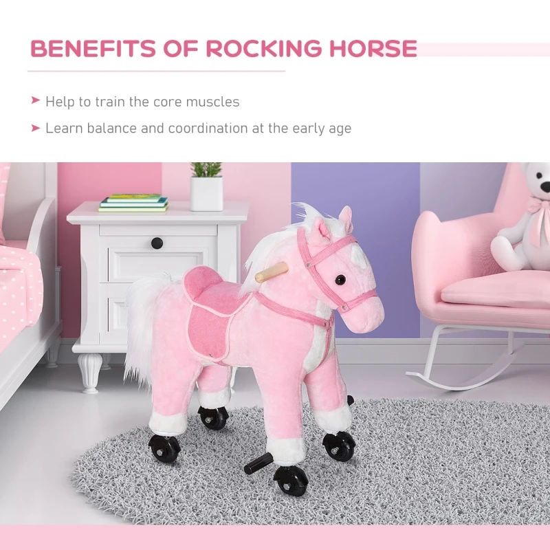 Qaba Kids Ride on Walking Horse Pony Plush Walking Animal with Wheels and Realistic Sounds for 3 Years Old Children - Pink
