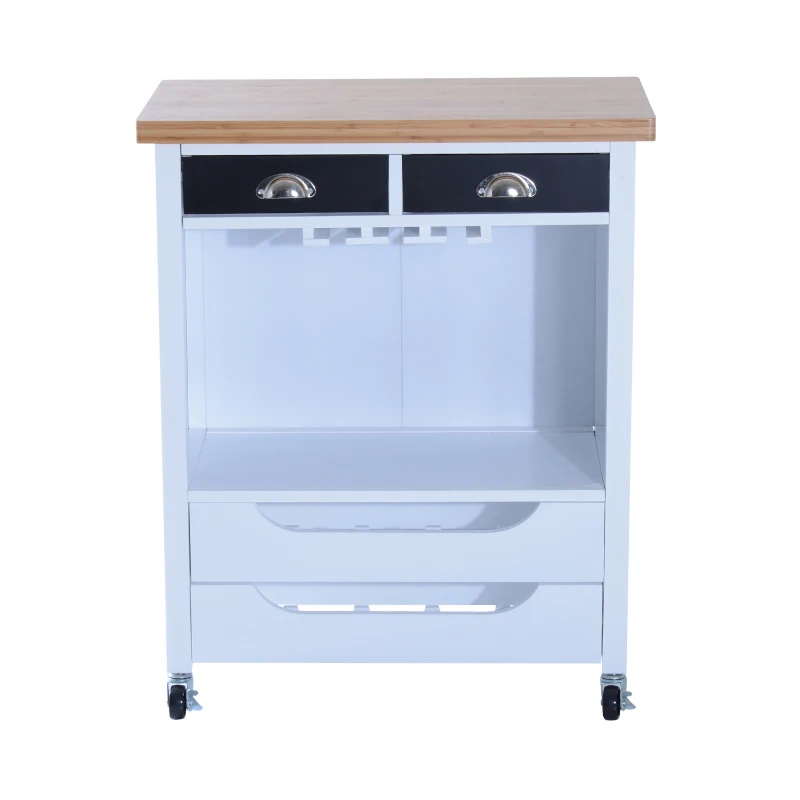 HomCom 34” Kitchen Island Rolling Cart With Wine Rack Drawers and 9 Glass Stemware Storage