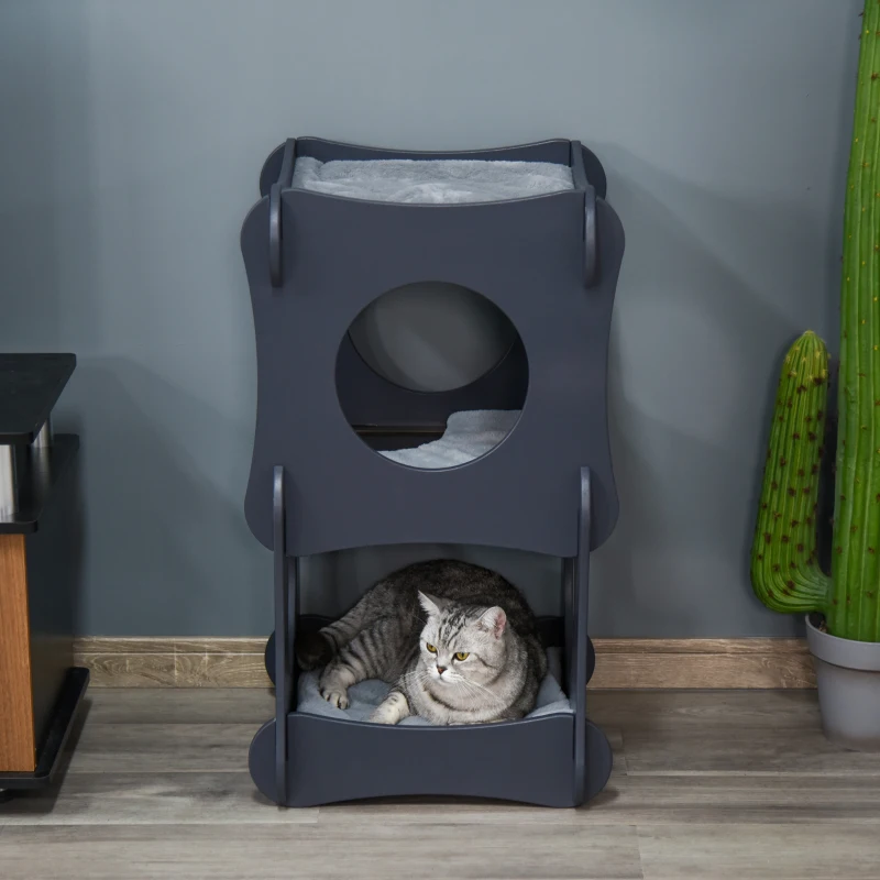 Pawhut Multi-level Wooden Cat House Kitten Bed Furniture with Removable Soft Cushion for Rest, Dark Grey