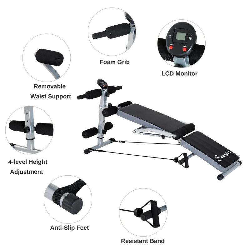 Soozier Steel Height Adjustable Multi-Position Abdominal Sit-Up Home Gym Bench with LCD Monitor and Resistance Bands