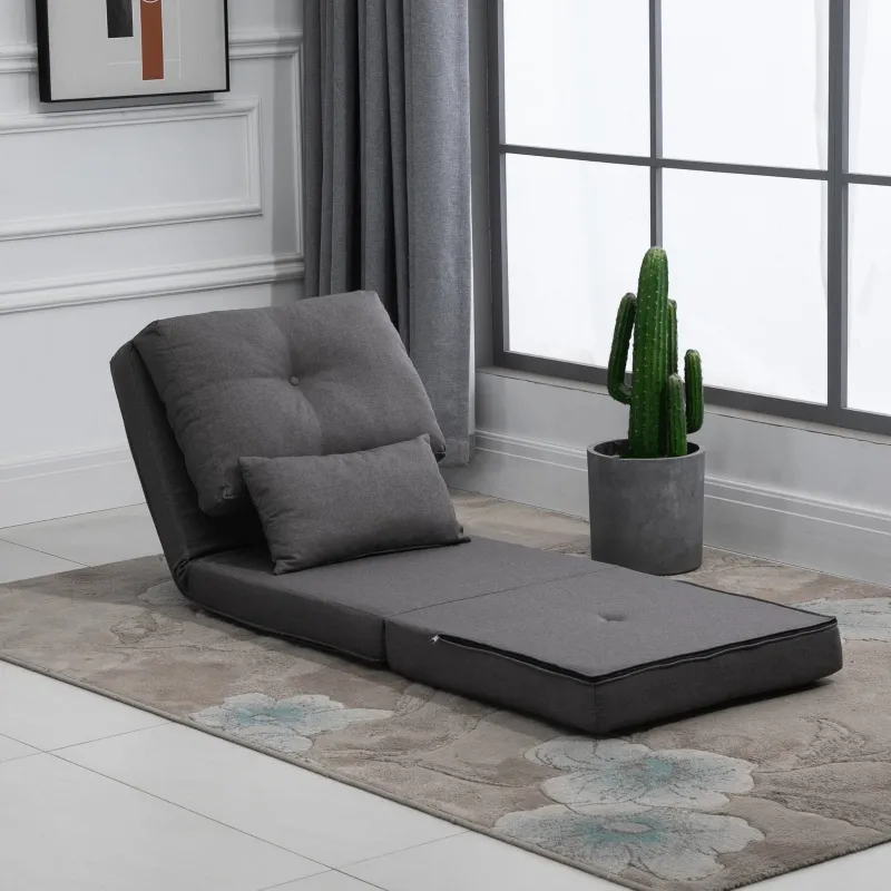 HOMCOM Convertible Flip Chair, Floor Lazy Sofa, Folding Upholstered Couch Bed with Adjustable Backrest, Metal Frame and Pillows for Living Room Bedroom, Dark Gray