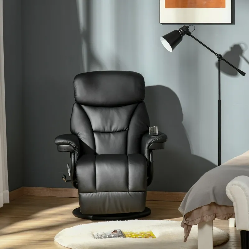 HOMCOM Manual Recliner, Swivel Lounge Armchair with Side Pocket, Footrest and Cup Holder for Living Room, Black