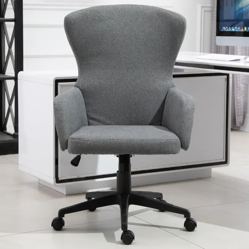 Vinsetto Swivel Office Chair Modern Linen Upholstered Home Computer Desk Task Chair with Cushioned Arm, Wheels, Adjustable Height, Grey