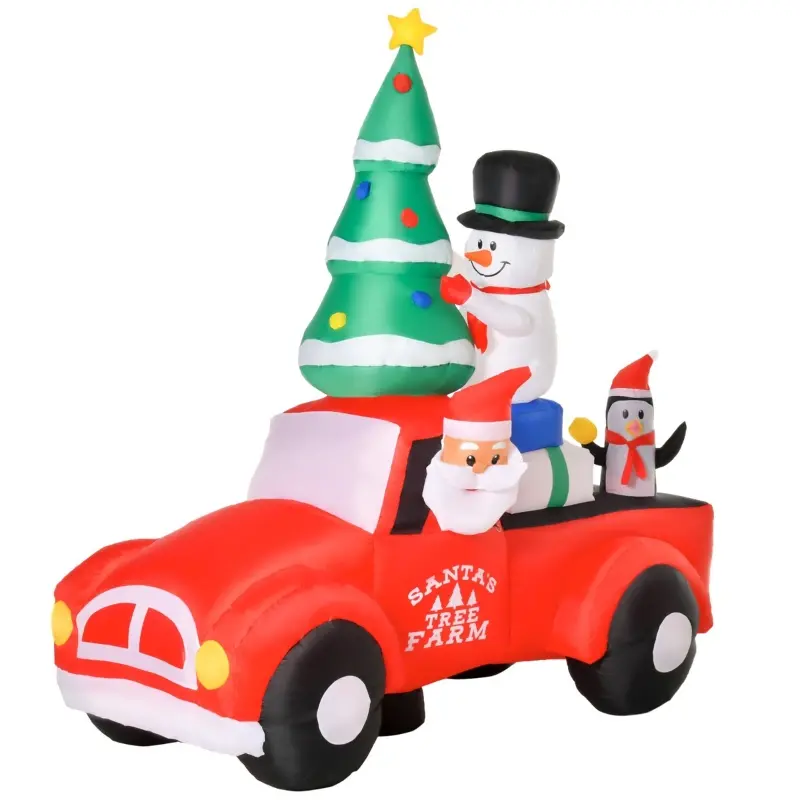 HOMCOM 7.5ft Christmas Inflatable Santa Claus Driving a Truck with Snowman, Penguin and Tree, Outdoor Blow-Up Yard Decoration with LED Lights Display