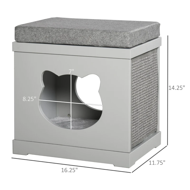 PawHut Wooden Cat Bed Cube House with Soft Padded Cushions, 2 Exterior Scratching Boards, & Interior Space, Grey