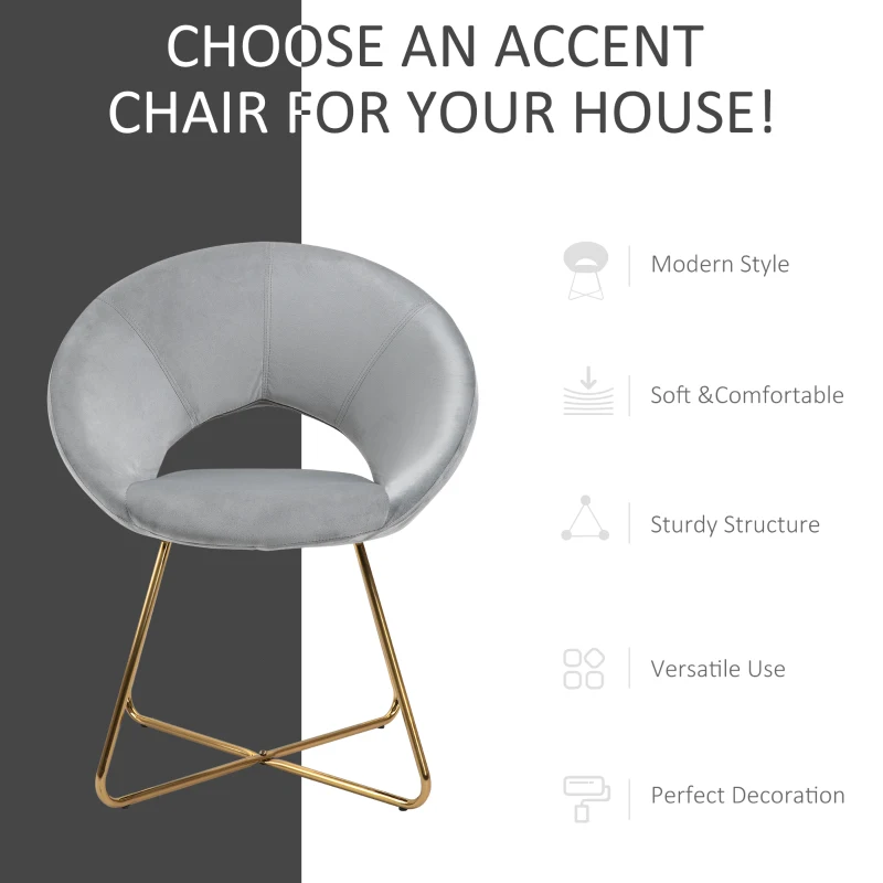 HOMCOM Modern Accent Velvet Chair Open Curved Mid-Back Upholstered Vanity Chair with Gold Plating Metal Legs for Living Room/Office/Reception Grey