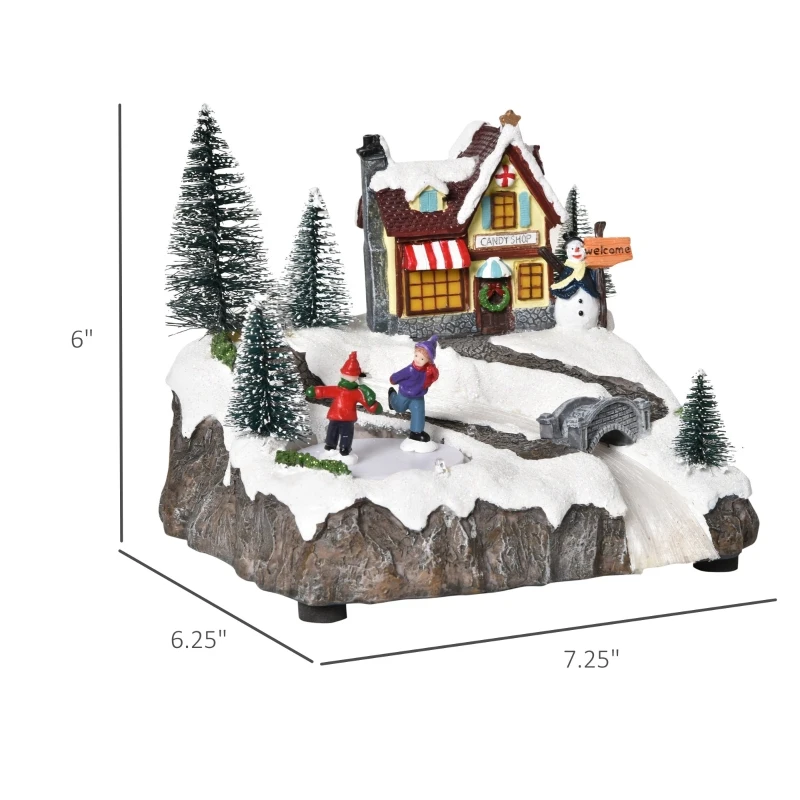 HOMCOM Christmas Village, Rotating Skating Pond Animated Winter Wonderland Set with Multicolored LED Light, Music, Fiber Optic, Battery-Operated Christmas Decoration