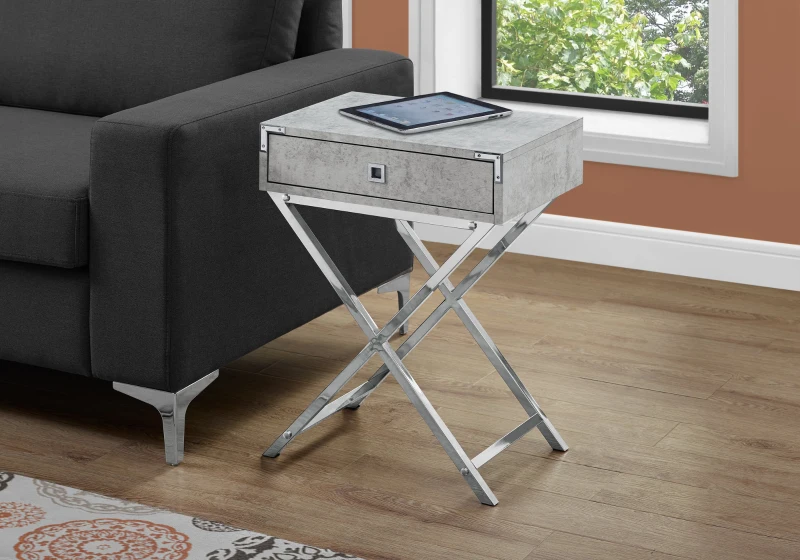 Monarch 24" Contemporary Accent Side End Table with Large Storage Drawer and Metal X-Design Legs - Grey Cement-Look / Chrome Metal Legs