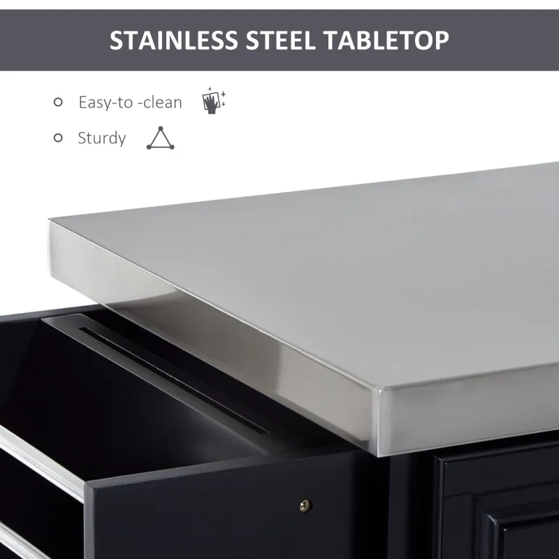 HOMCOM Rolling Kitchen Island with Storage, Portable Kitchen Cart with Stainless Steel Top, 2 Drawers, Spice, Knife and Towel Rack and Cabinets, Black