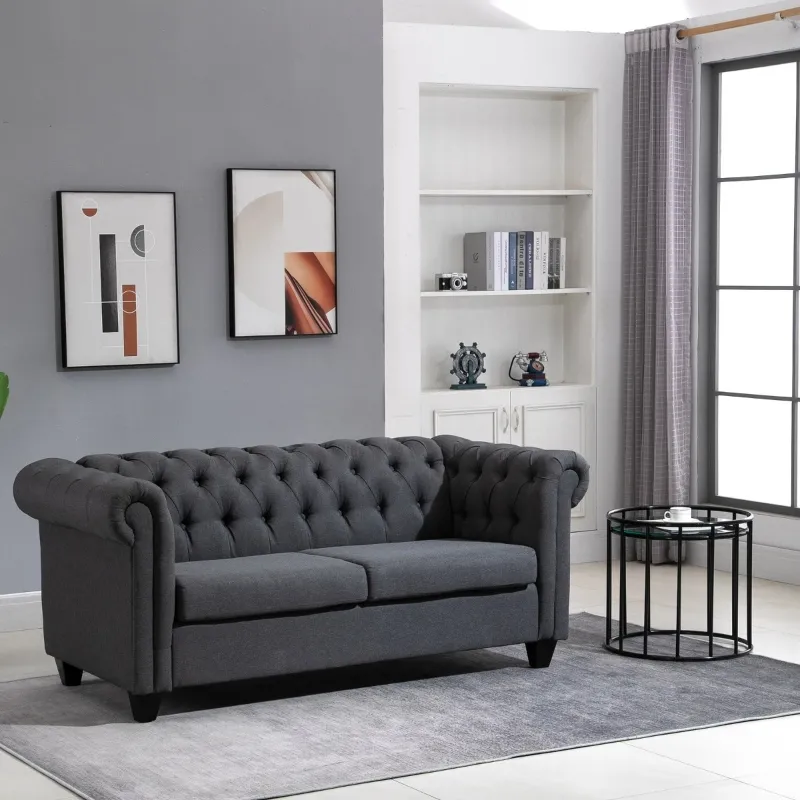 HOMCOM 2-Seater Oversize Loveseat Linen Fabric Sofa Couch 72.8 Inches with Rubberwood Legs & Rolled Arms for Living Room, Grey