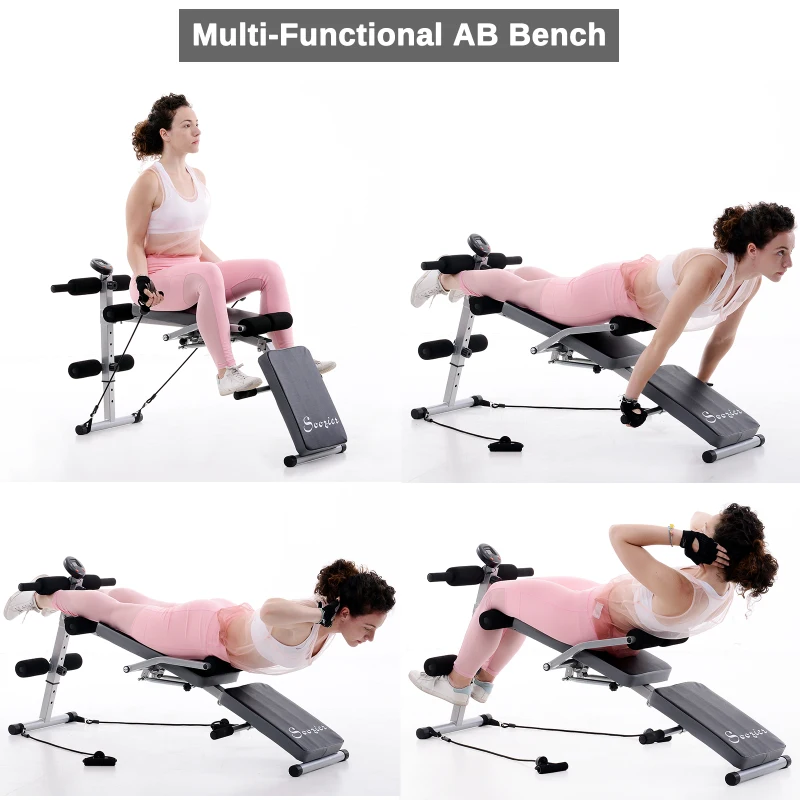 Soozier Steel Height Adjustable Multi-Position Abdominal Sit-Up Home Gym Bench with LCD Monitor and Resistance Bands