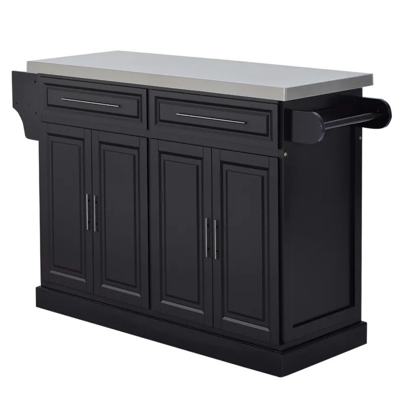 HOMCOM Rolling Kitchen Island with Storage, Portable Kitchen Cart with Stainless Steel Top, 2 Drawers, Spice, Knife and Towel Rack and Cabinets, Black