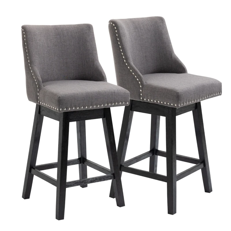 HOMCOM 28" Swivel Bar Height Bar Stools Set of 2, Armless PU Leather Upholstered Barstools Chairs with Nailhead Trim and Wood Legs, Dark Grey