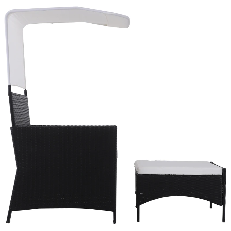 Outsunny 2 Piece Rattan Wicker Outdoor Loveseat with Sunshade Canopy and Nesting Ottoman Footrest - Black