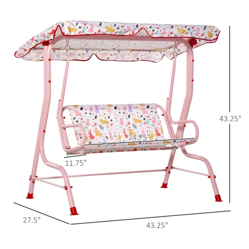 Outsunny Kids Porch Swing, Outdoor 2-Seat Patio Chair, Toddler Glider with Adjustable Canopy, Seat Belt for Garden Backyard Rabbit Pattern