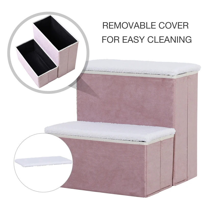 PawHut 2 Step Foldable Pet Stairs for Small Dogs Suede Fleece  16" L x 16" H Grey