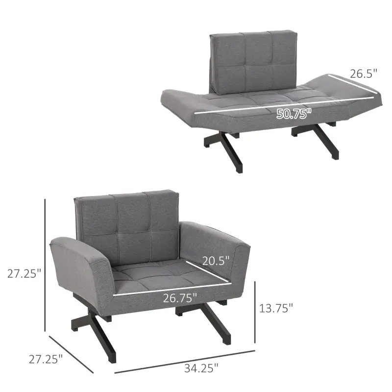 HOMCOM Convertible Accent Chair Single Sofa with Upholstered Fabric Cushion and Steel Legs for Compact Living Room, Grey