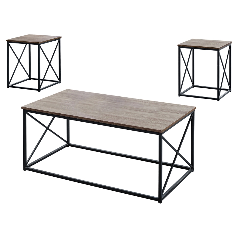Monarch 3 Piece Modern Minimalist X Braced Wood-Look Top Coffee Table / Two Matching End Tables Set - Dark Taupe / Black Metal