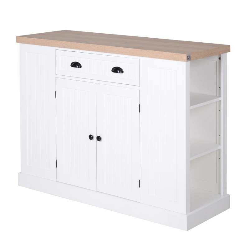 HOMCOM Fluted-Style Wooden Kitchen Island, Storage Cabinet with Drawer, Open Shelving, and Interior Shelving for Dining Room, White