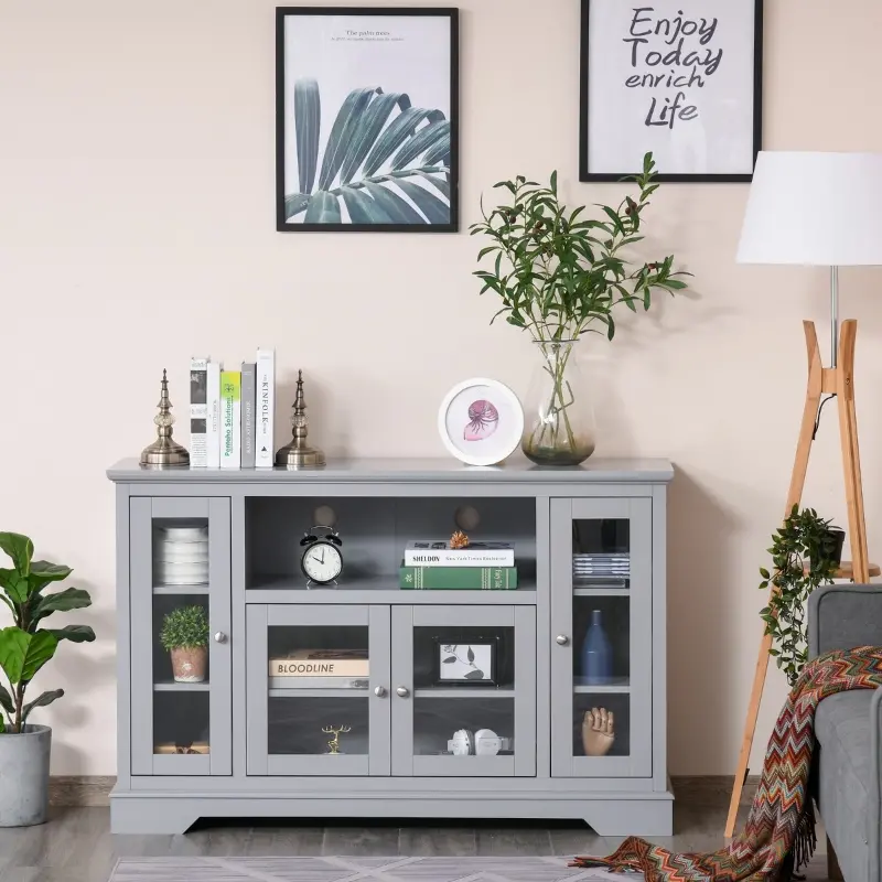HOMCOM Sideboard Buffet Cabinet with Storage, Kitchen Cabinet Coffee Bar Cabinet with Glass Doors for Living Room, Kitchen, Grey